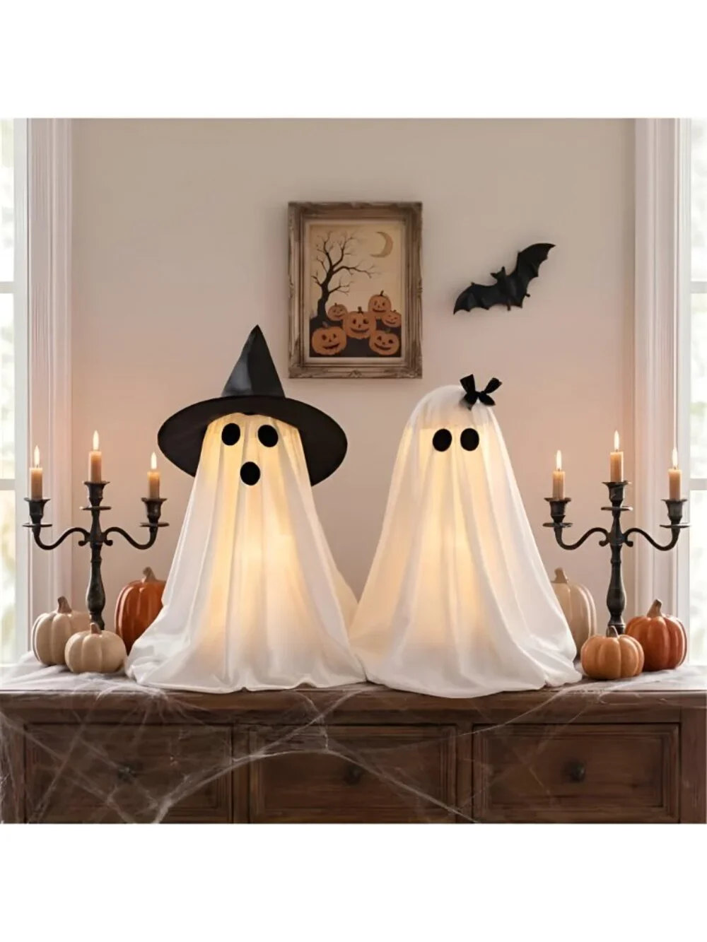 Halloween Decorations Light-Up Ghosts with Witch Hats, Indoor Ghost Decor
